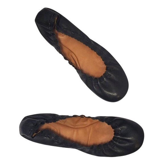 See by Chloé Jane Black Leather Scalloped Ballet Flats - Picture 1 of 12